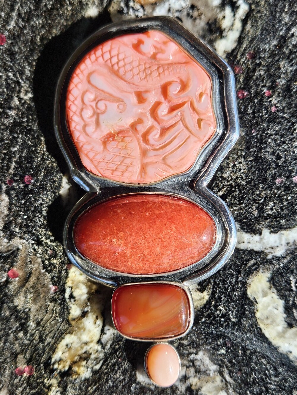 Amy Kahn Russell Sterling Silver Carved Coral Dragon & Carnelian Pendant/Brooch